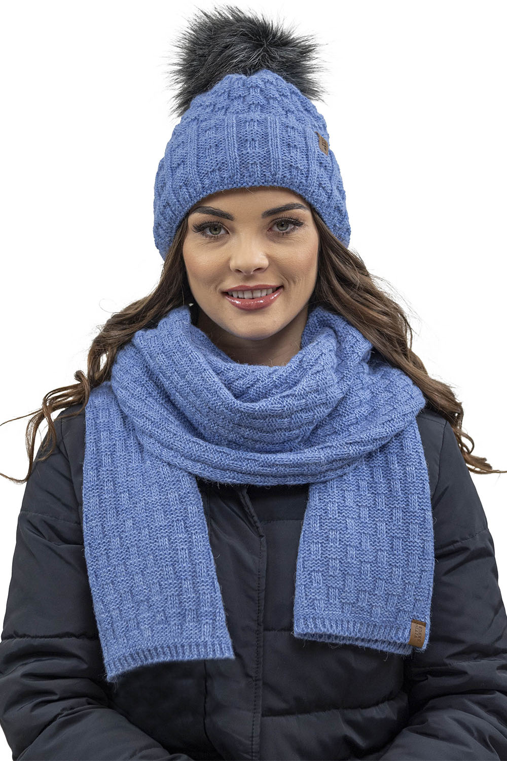 Vivisence Bonnet Femme Avec Pompon Doublé En Polaire Tricoté Pour L’Hiver 7015, bleu denim