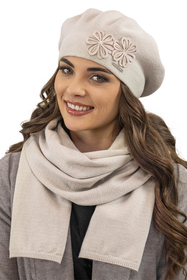 Vivisence Elegant Women's Winter Set Beret And Scarf With Classic Design And Floral Decoration Made Of Warm And Soft Fabric With Wool Blend Ideal For Cold Winter Days, beige