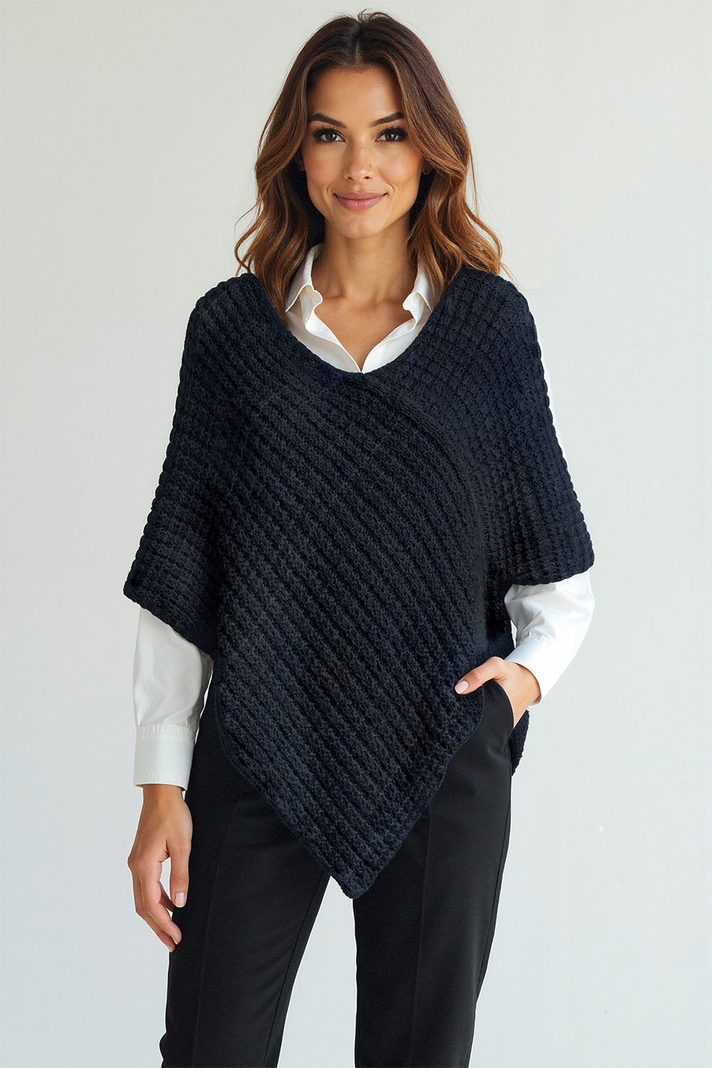 Vivisence Femme Poncho Maille Asymétrique Douceur Et Liberté De Mouvement, bleu foncé