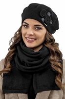 Vivisence Damen Baskenmütze Schal Set Wolle Applikation Lang Warm 7037kmpl, schwarz