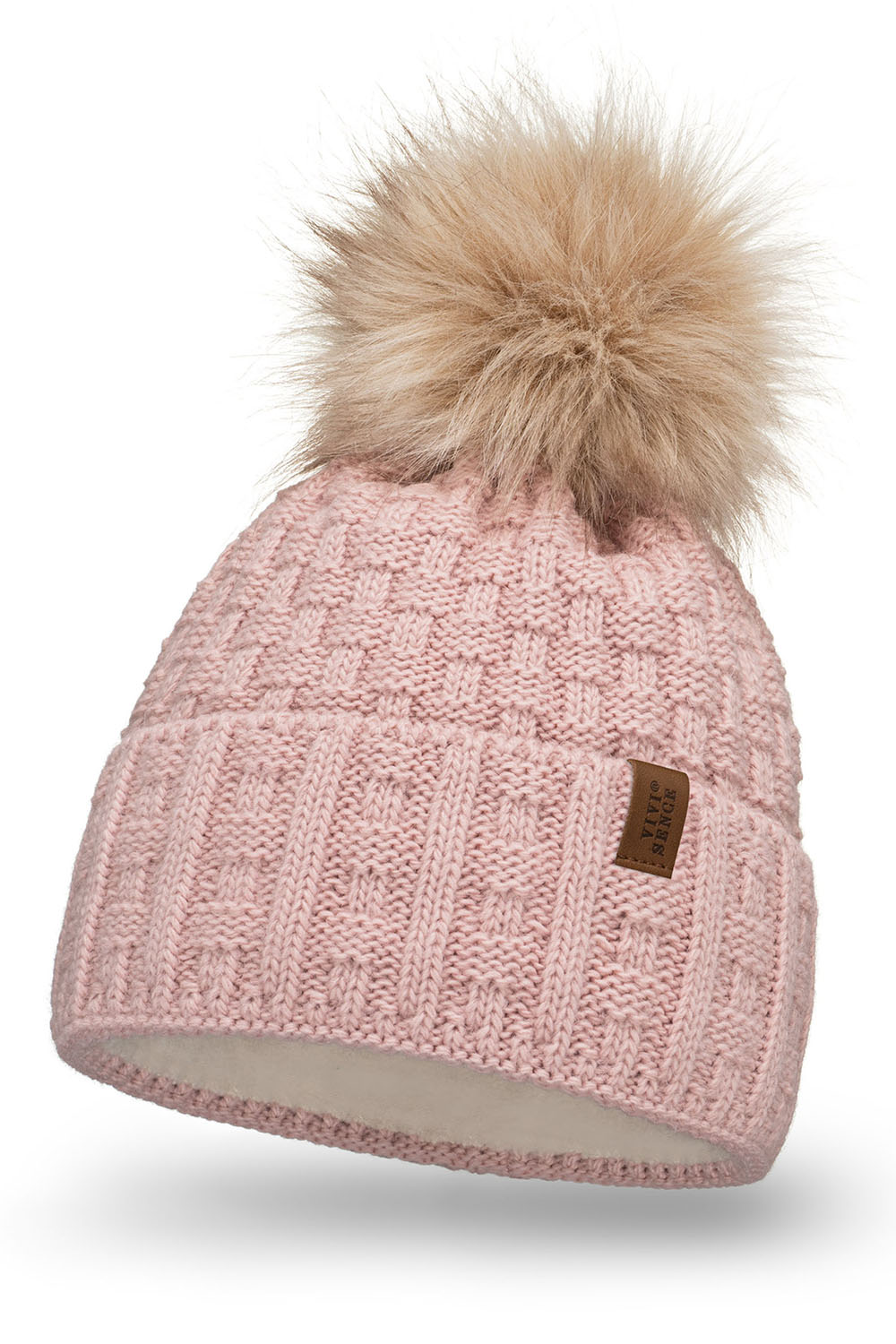 Vivisence Bonnet Femme Avec Pompon Doublé En Polaire Tricoté Pour L’Hiver 7015, rose clair