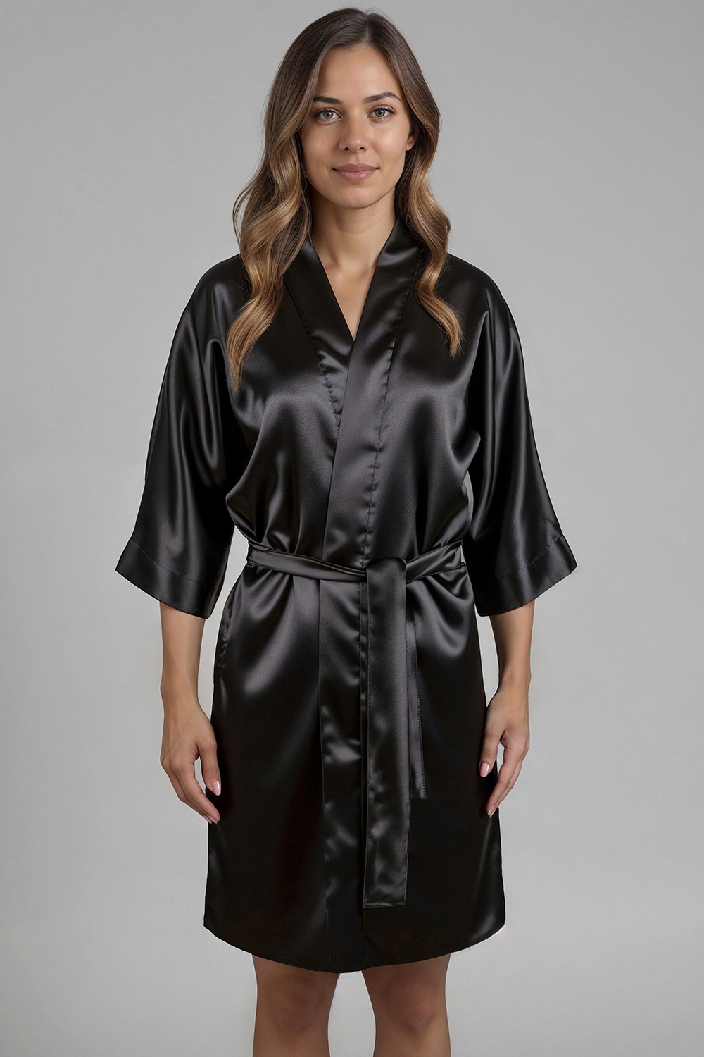 Vivisence Damen Satin Kimono Mit Bindegürtel Für Bequemen Komfort Zuhause, Schwarz