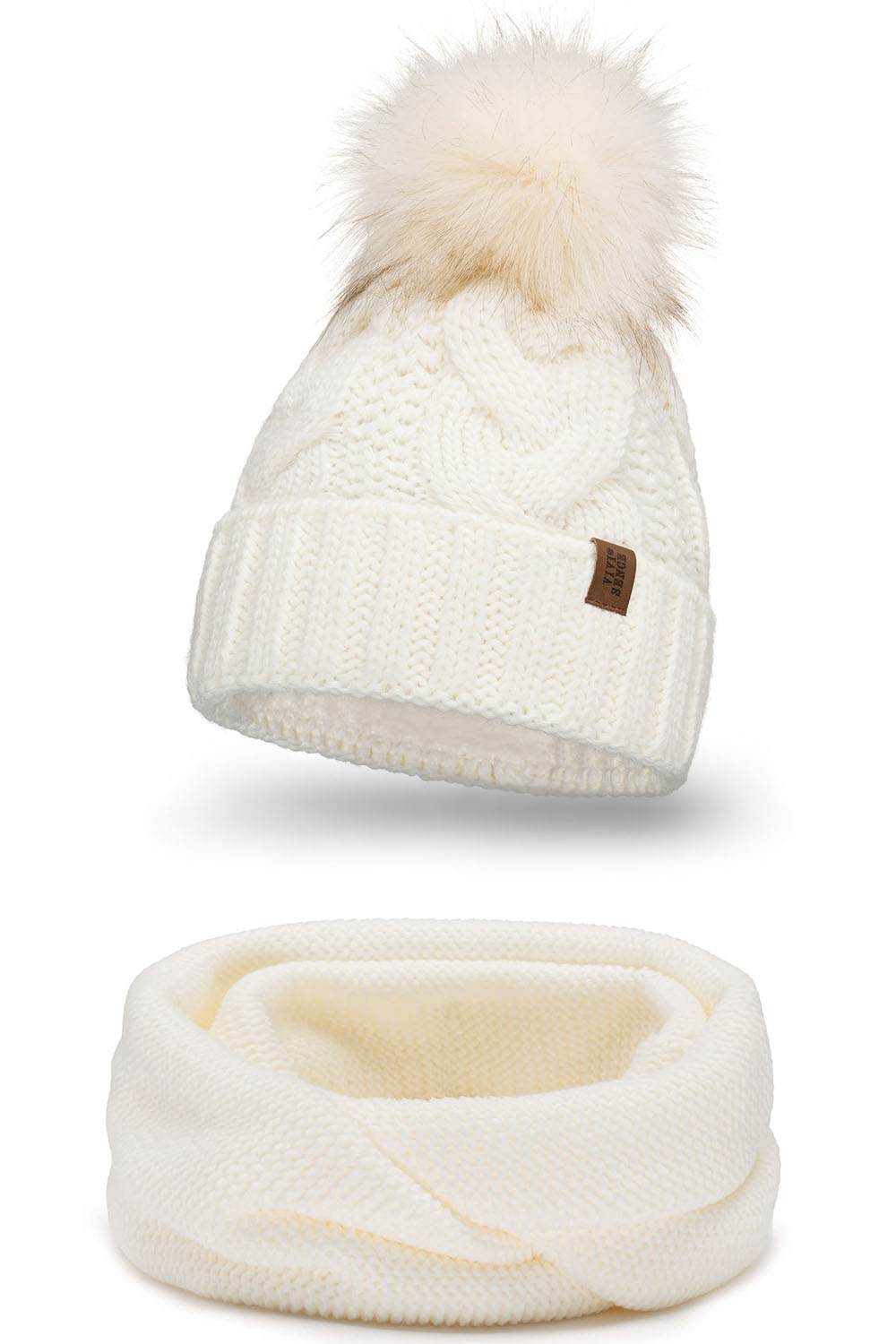 Vivisence Damen Bommelmütze Und Loop-Schal Mit Bommel Ideal Für Wintertage 7014, ecru