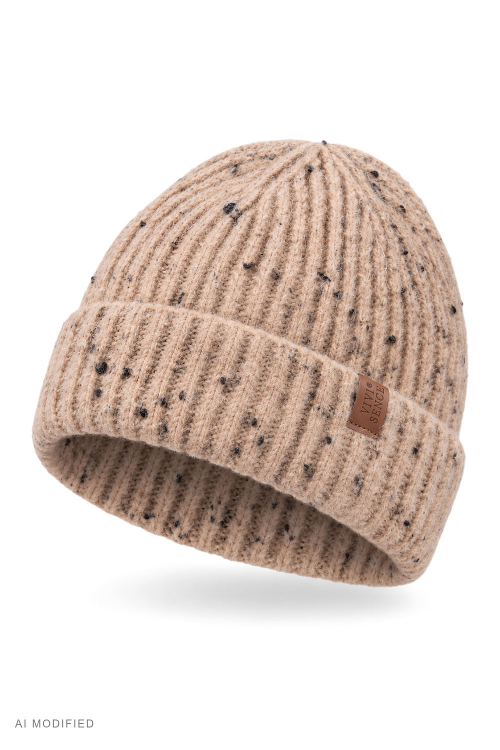 Vivisence bonnet beanie côtelé femme à revers chaud et doux, caramel