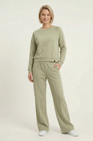 Vivisence Women’s 2 Piece Lounge Set, Crew Neck Sweatshirt and Flared Trousers with Pockets, Soft Stretch Co Ord Set, olive