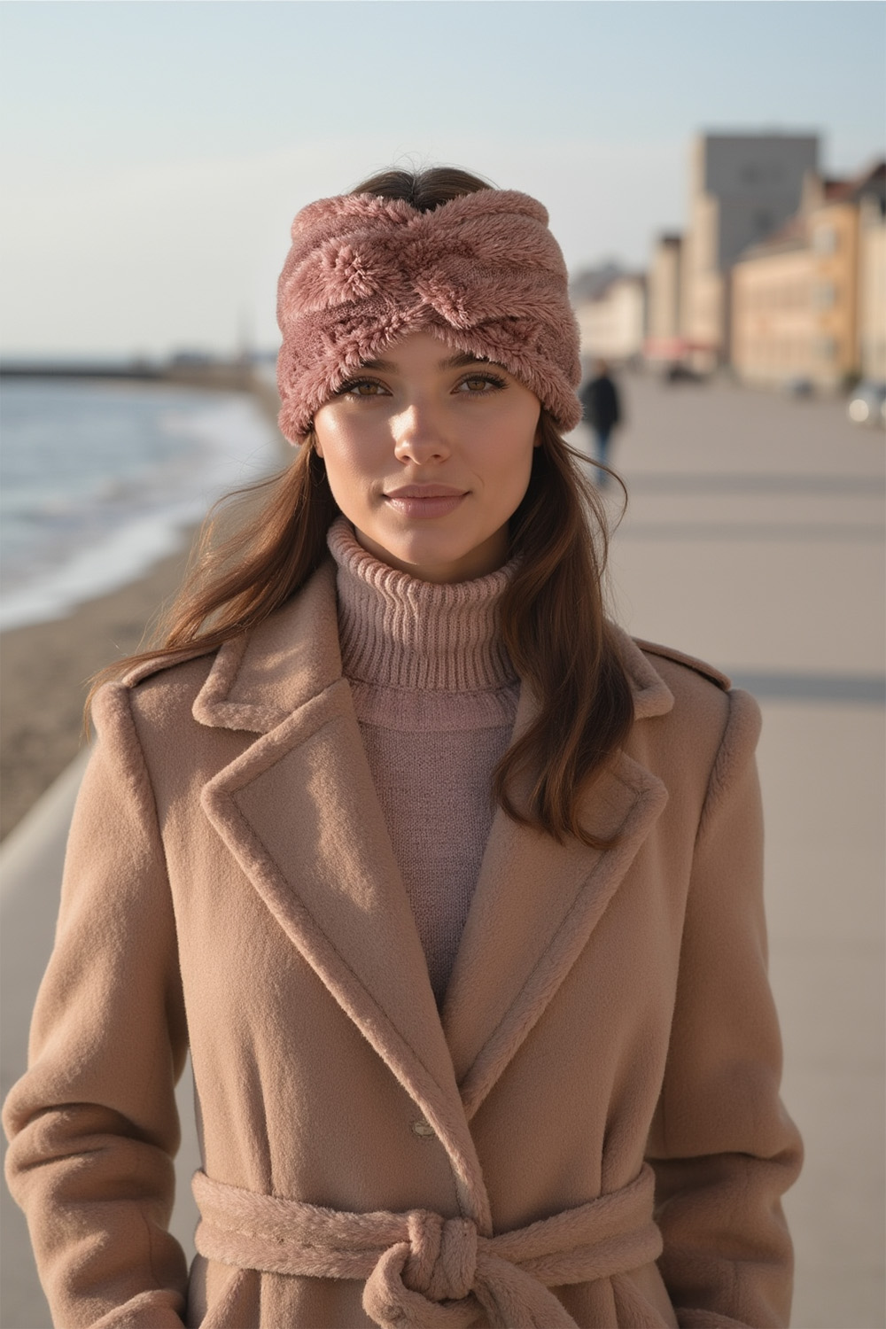 Vivisence Femme Bandeau Maille Duveteuse avec Torsade Confort et Chaleur, rose poudré