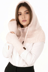 Vivisence Damen Kapuze Und Handstulpen Set Merino Baumwolle Warm für Wintertage, Pink