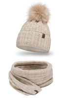 Vivisence Stylish Women's Winter Set Hat With Pompom And Warm Fleece Lining Paired With Classic Matching Scarf Made From Soft And Warm Fabric Perfect For Cold Weather, beige
