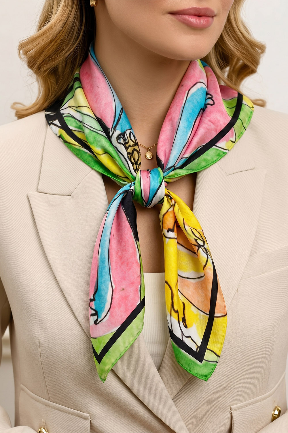 Vivisence Carré de Soie Femme 65 x 65 cm, Foulard en Soie Naturelle 14 Momme, Bords Roulottés à la Main, Motif Fleuri Jaune/Vert/Rose, Jaune/Vert/Rose
