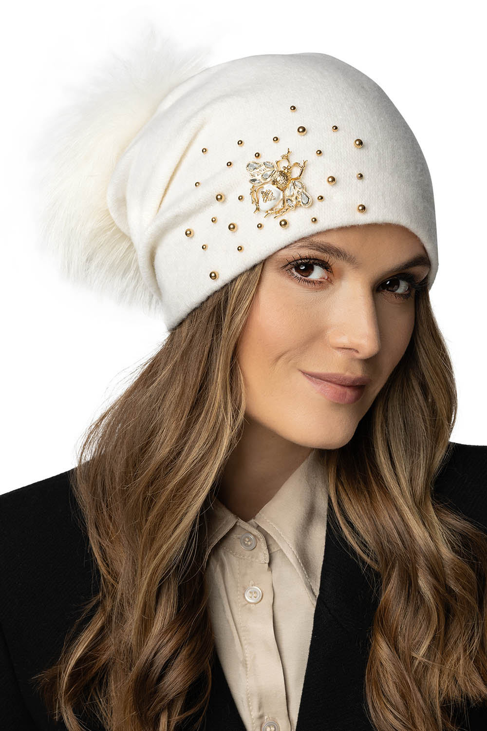 Vivisence Women's Pom Pom Hat Wool Handcrafted Virgin Wool 7079, ecru