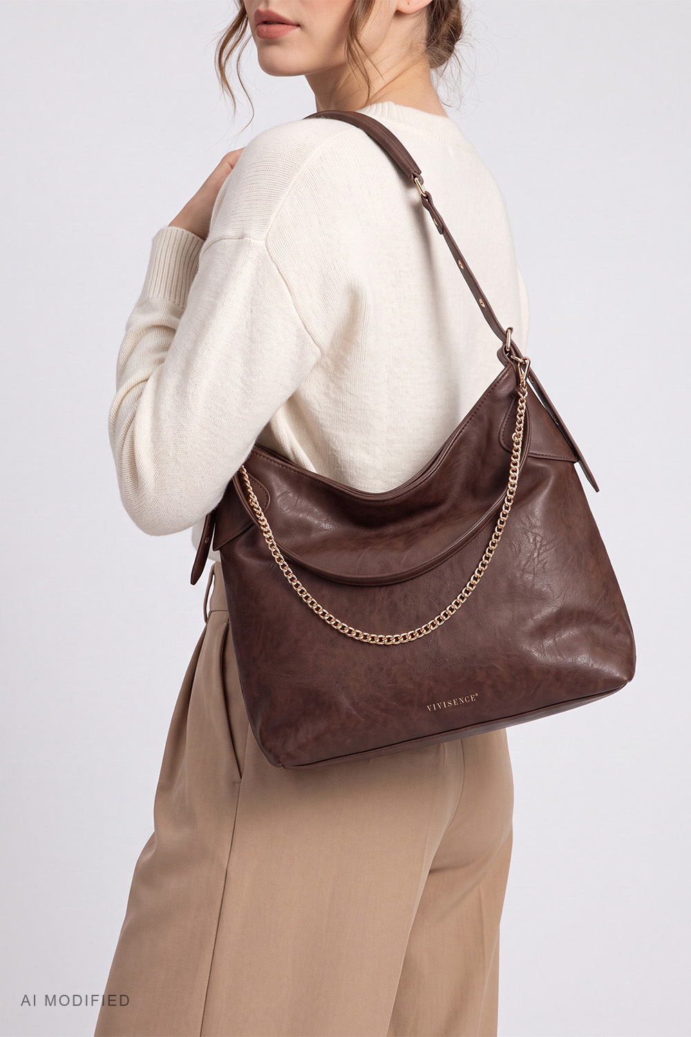 Vivisence Damen Hobo-Schultertasche aus Polyurethan mit Zierkette, dunkelbraun