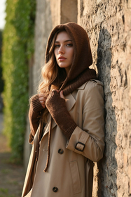 Vivisence Women Winter Hood And Gloves Set Merino Wool Knit Warm And Cozy, Brown