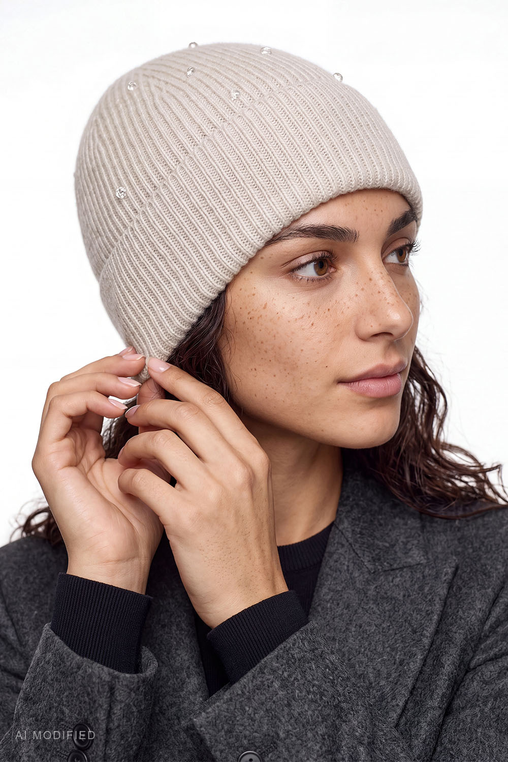 Vivisence Women's Set Merino Wool Cashmere Winter Hat and Scarf, beige