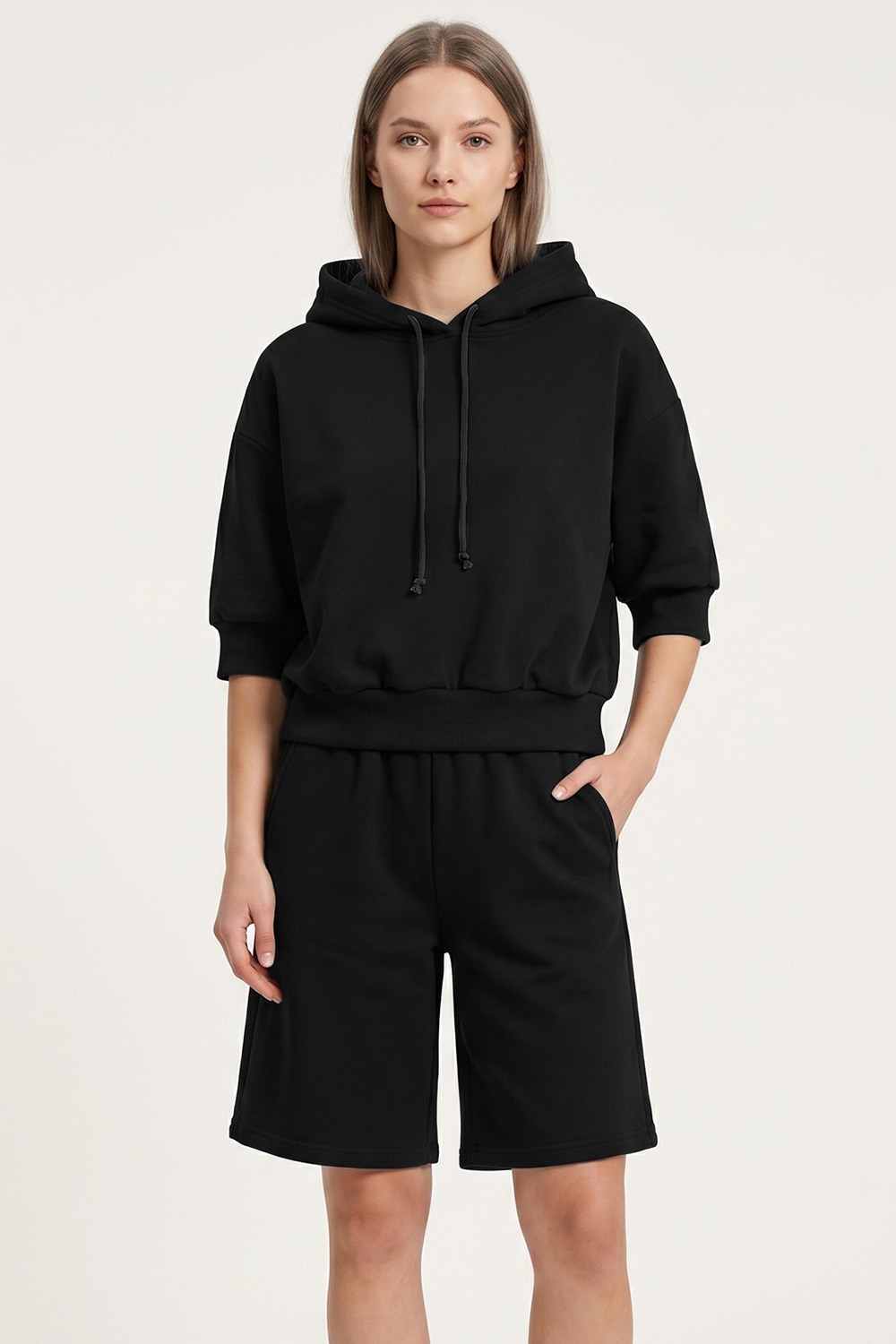 Vivisence Femme Ensemble Short Et Sweat À Capuche Coton Confort À La Maison, noir