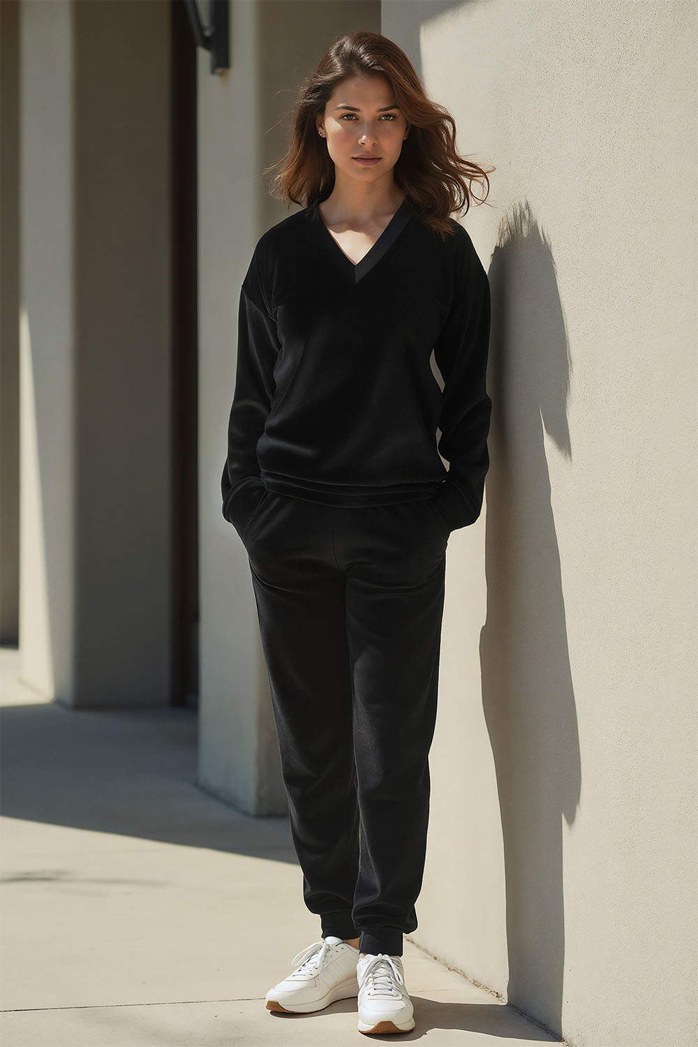 Vivisence Women Sweatshirt Velour V Neck Long Sleeve Lounge Casual 9002, Black