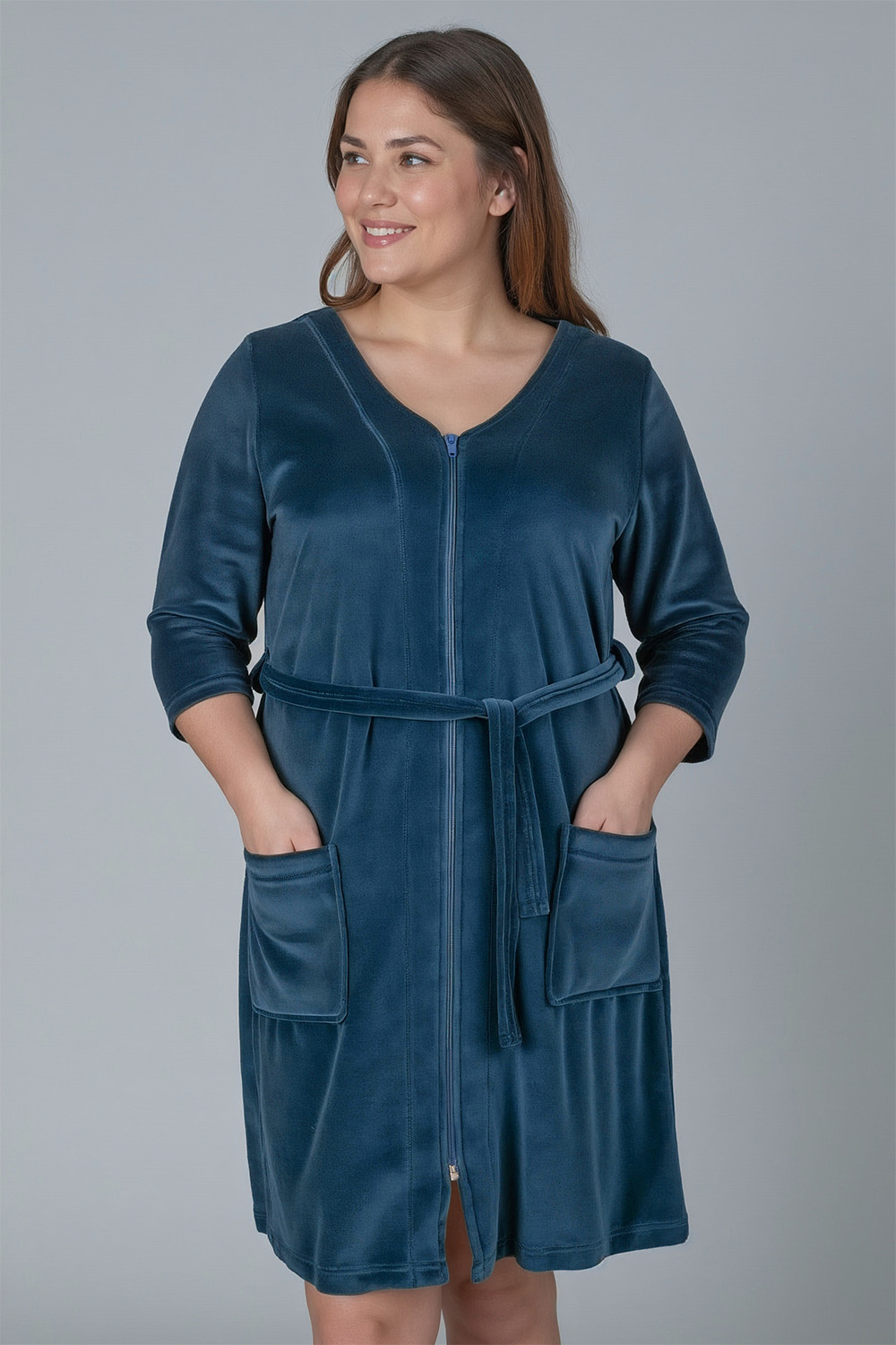 Vivisence Dressing Gown Cotton Zipper and Belt Pockets Home Comfort 5011, dark turquise