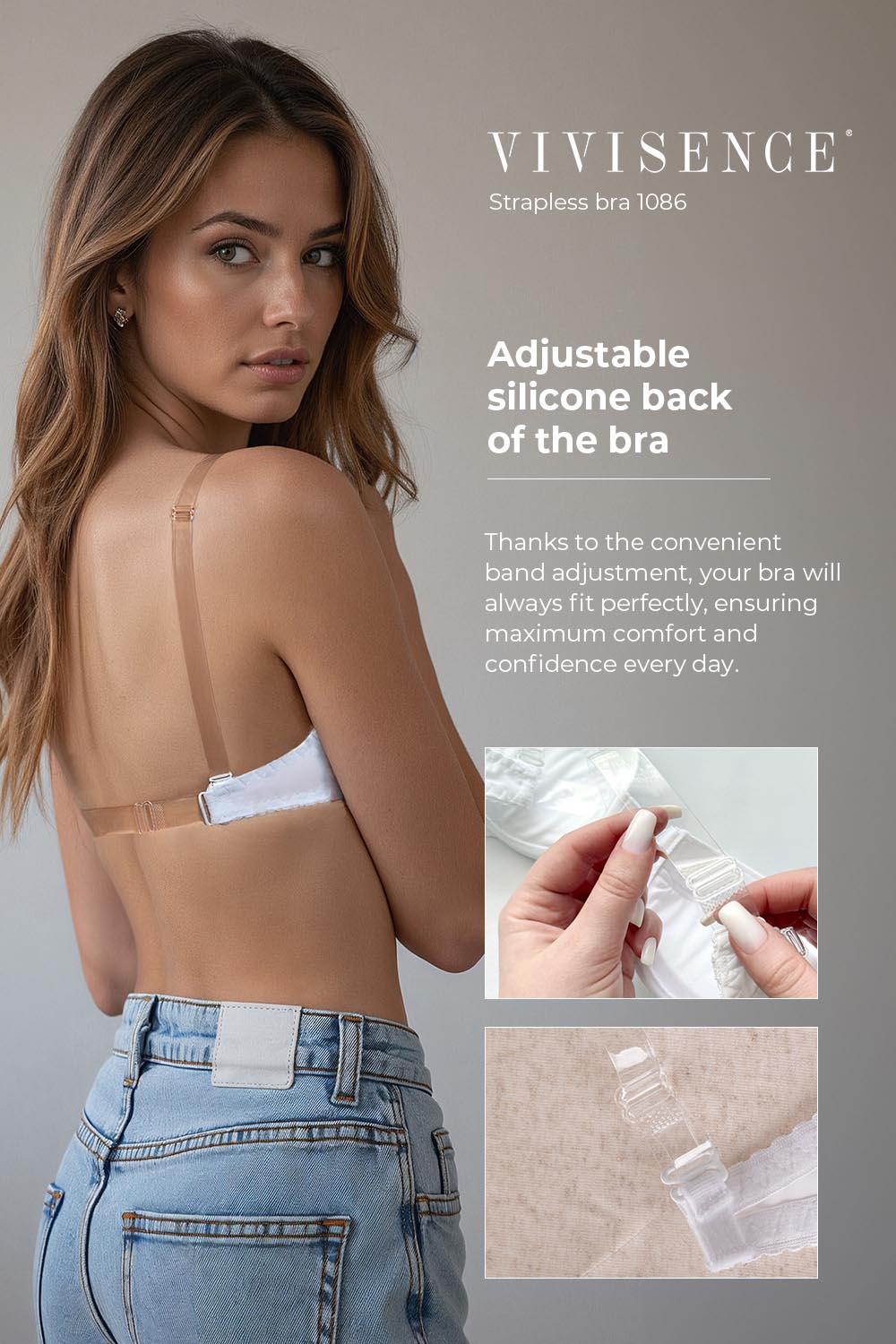 Vivisence Soutien Gorge Push Up Dos Nu Silicone Bretelles Dos Ouvert 1086, blanc