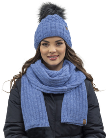 Vivisence Femme Bonnet Et Écharpe Pour l'Automne et l'Hiver À Pompon Chauds Doublés De Polaire Anti-Statique Idéal Pour Les Hommes Élégants Parfait Pour Froides Journées 7015Kmpl, bleu denim