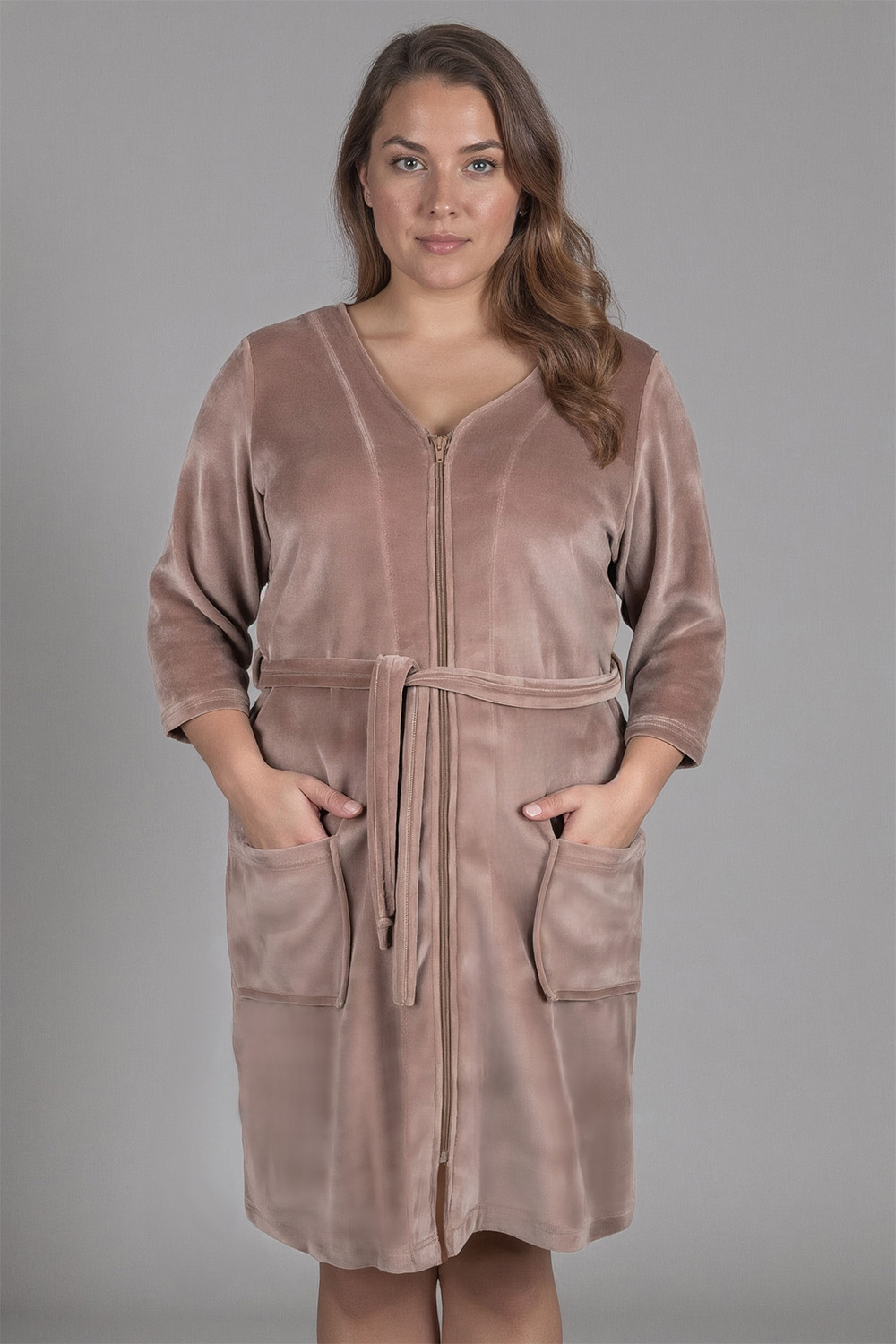 Vivisence Femme Robe de Chambre Coton Fermeture Éclair Confort à la Maison 5011, beige