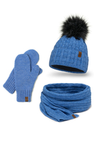 Vivisence Femme Ensemble Bonnet Pompon Écharpe Moufles Chaud Hiver Élégant, bleu denim