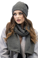 Vivisence Bonnet Et Écharpe Pour L'Hiver Femme Ensemble À La Mode Ajusté Classique Décoratif Avec Perles Tissage Et Laine Chaud Élégant Plaque Logo Confort Optimal 7002Kmpl, gris foncé