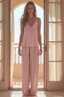 Vivisence Women's Pyjama Set Viscose Wide Leg Pants V-Neck Shirt 2046, Pink