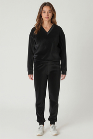 Vivisence Women Tracksuit Cotton Set Ribbed Waistband Casual Loungewear 9202, Black