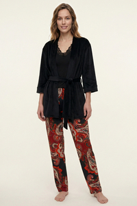 Vivisence Womens Pajama Set Three Piece Viscose With Robe Comfort For Relaxation, black and red