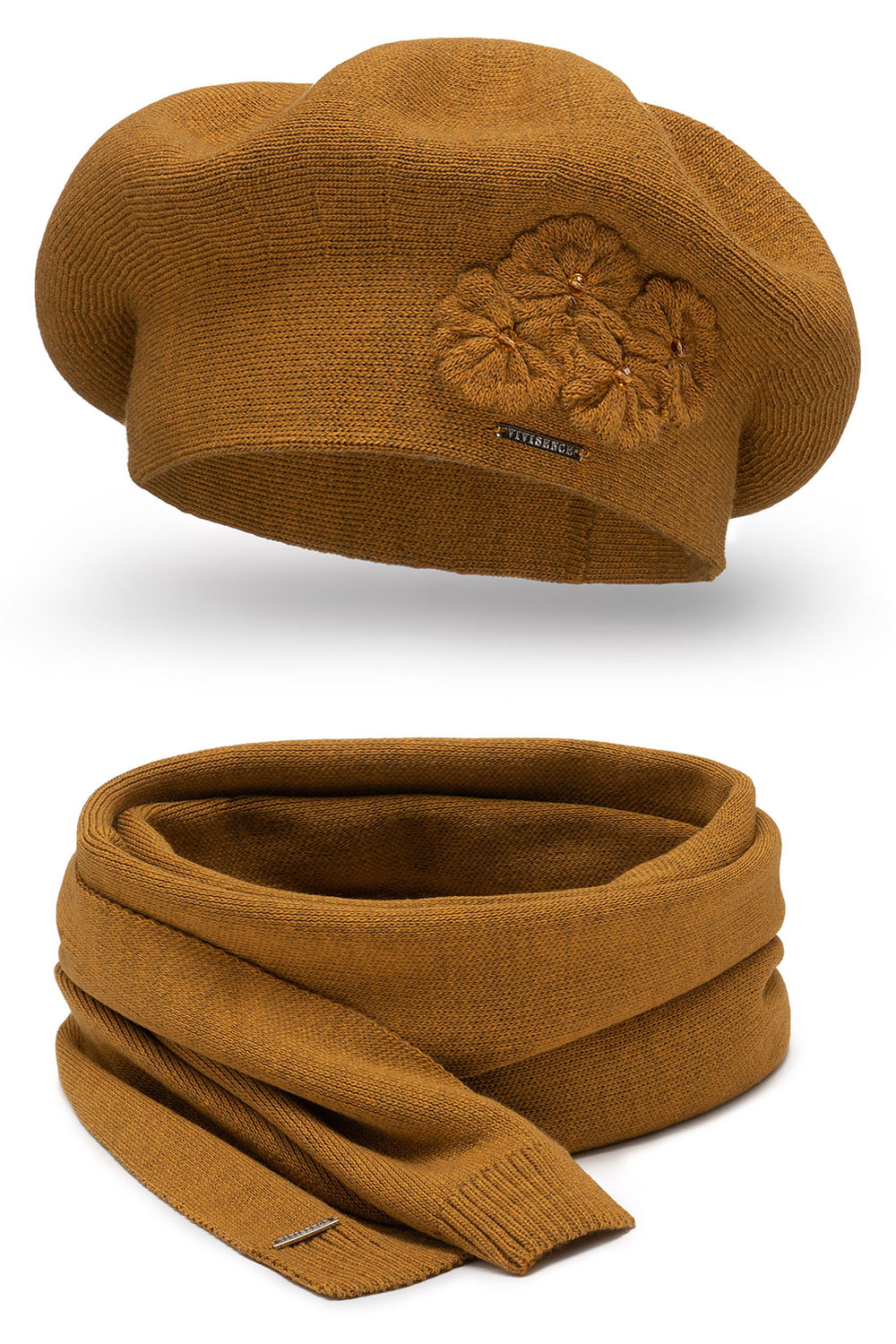 Vivisence Elegant Women's Winter Set Including Classic Beret With Floral Decoration And Matching Long Warm Wool Scarf Ideal For Cold Winter And Autumn Days, honey