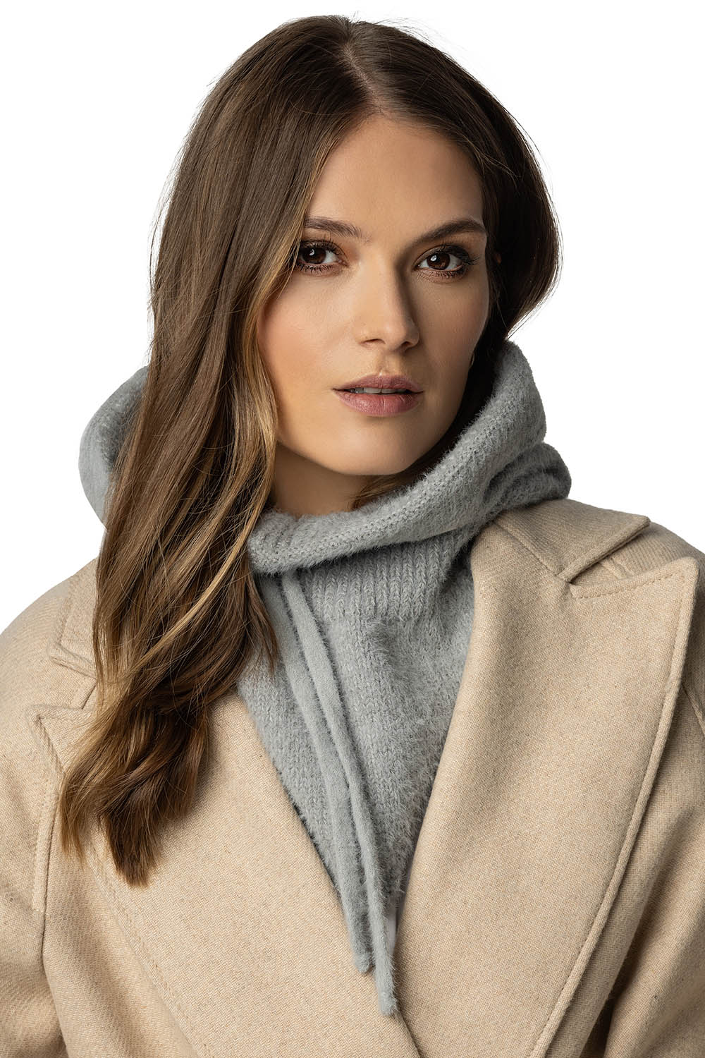 Vivisence Damen Schal Warm Winter Schalmütze Kapuzen Balaclava Garn 7097, hellgrau