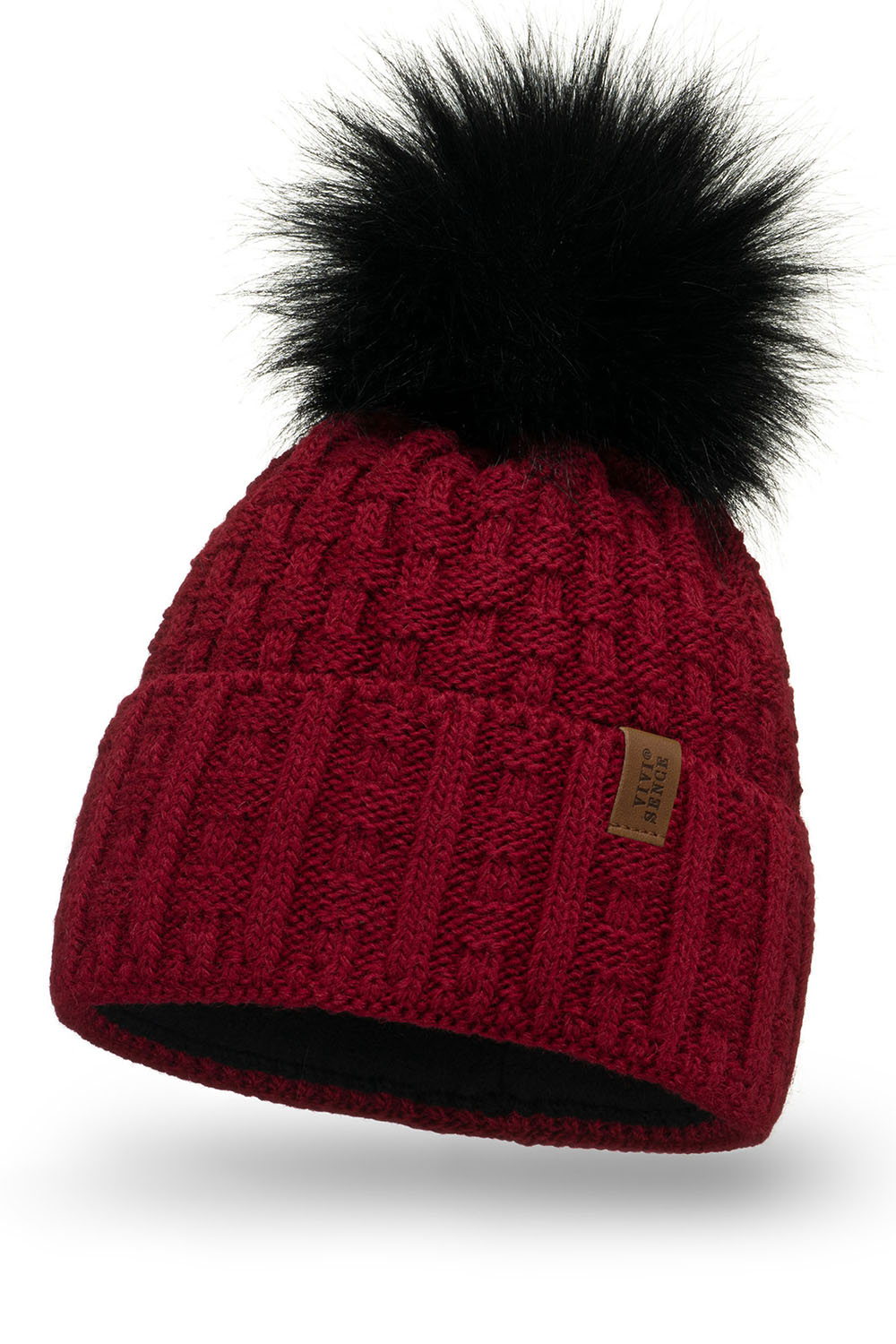 Vivisence Bonnet Femme Avec Pompon Doublé En Polaire Tricoté Pour L’Hiver 7015, bordeaux