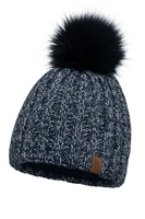 Vivisence Bonnet Pour Femme L'Automne et L'Hiver Bicolore Avec Gros Pompon En Fibres Écologiques Doublé De Polaire Antistatique Parfait Pour Les Froides Journées Avec Écusson En Éco-Cuir Et 7086, bleu foncé