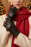Vivisence Women Winter Leather Gloves Wool Lined With Buttons Cozy Warmth, Black