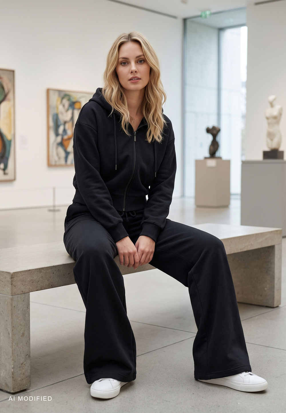Vivisence Women Tracksuit Set Zip Hoodie And Pants Soft Cotton For Daily Comfort, black