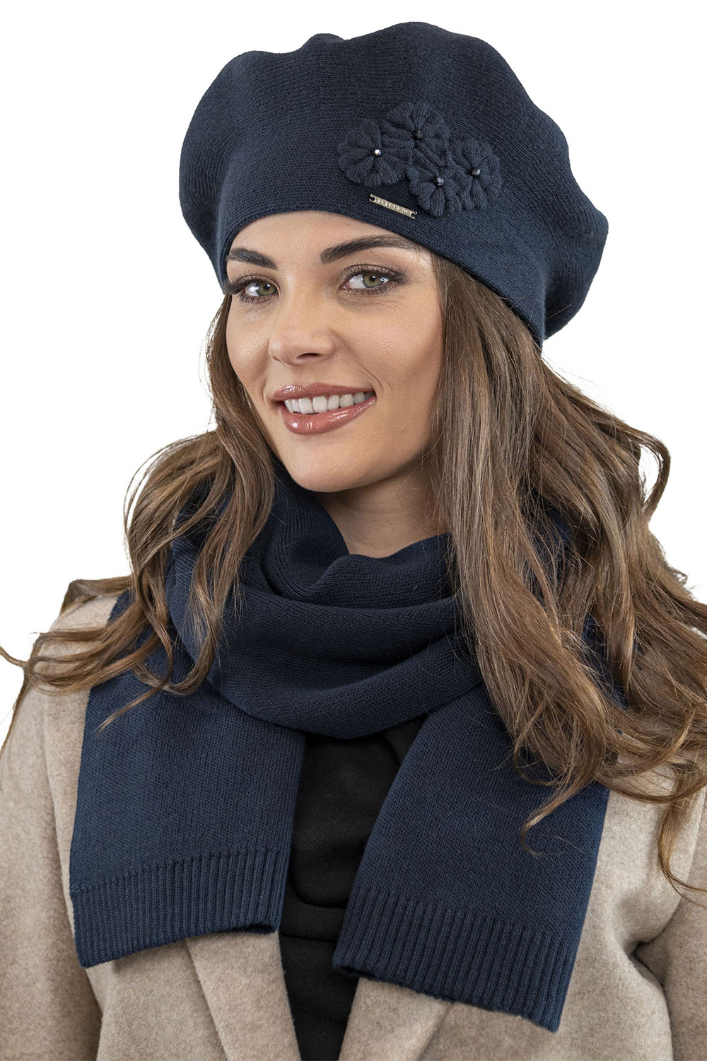 Vivisence Elegant Women's Winter Set Including Classic Beret With Floral Decoration And Matching Long Warm Wool Scarf Ideal For Cold Winter And Autumn Days, dark blue