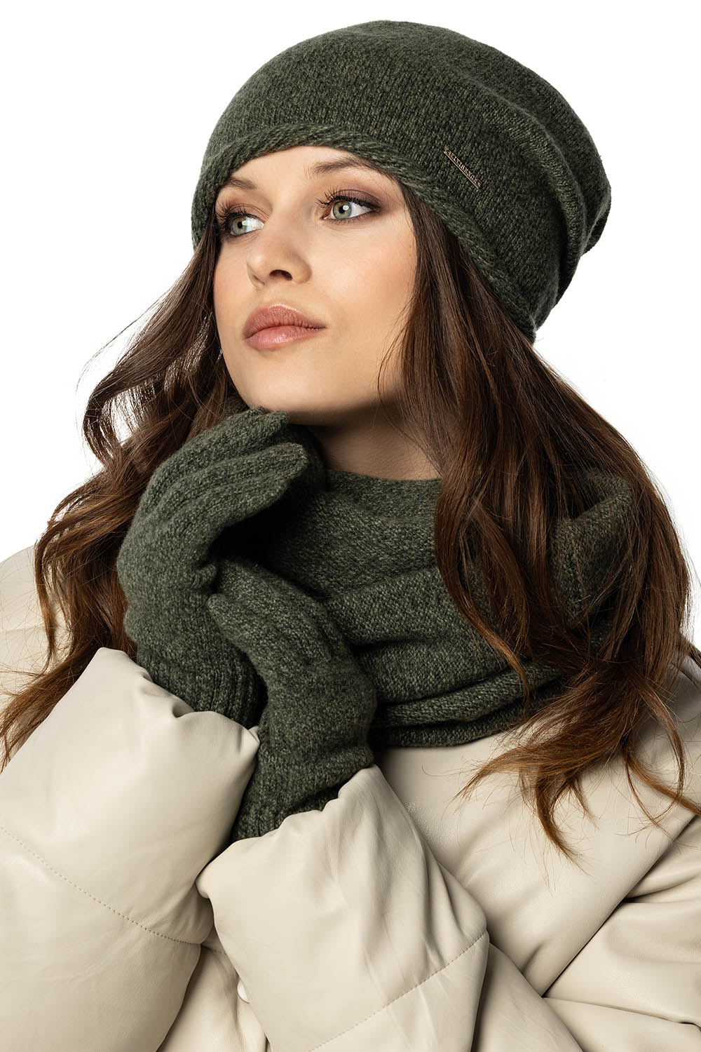 Vivisence Winter Damen Set Aus Wolle Mit Mütze, Schal Und Handschuhen Hergestellt Aus Weich Und Warm Garn Mit Melange-Muster Ideal Für Kalte Wintertage, grüne Melange