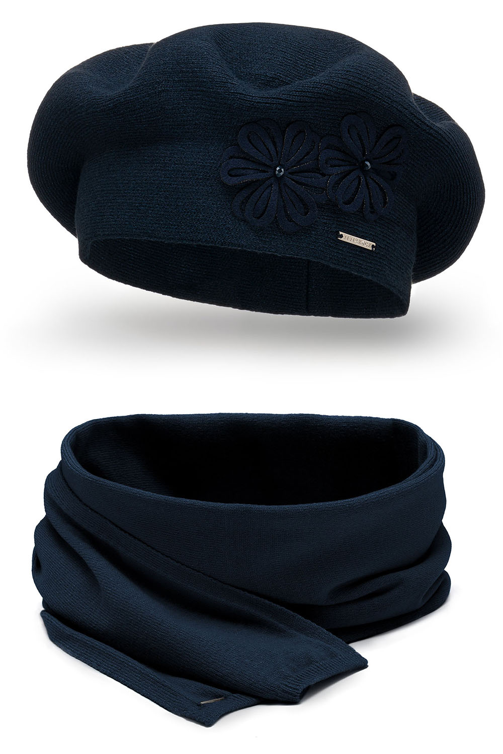 Vivisence Elegant Women's Winter Set Beret And Scarf With Classic Design And Floral Decoration Made Of Warm And Soft Fabric With Wool Blend Ideal For Cold Winter Days, Dark Blue