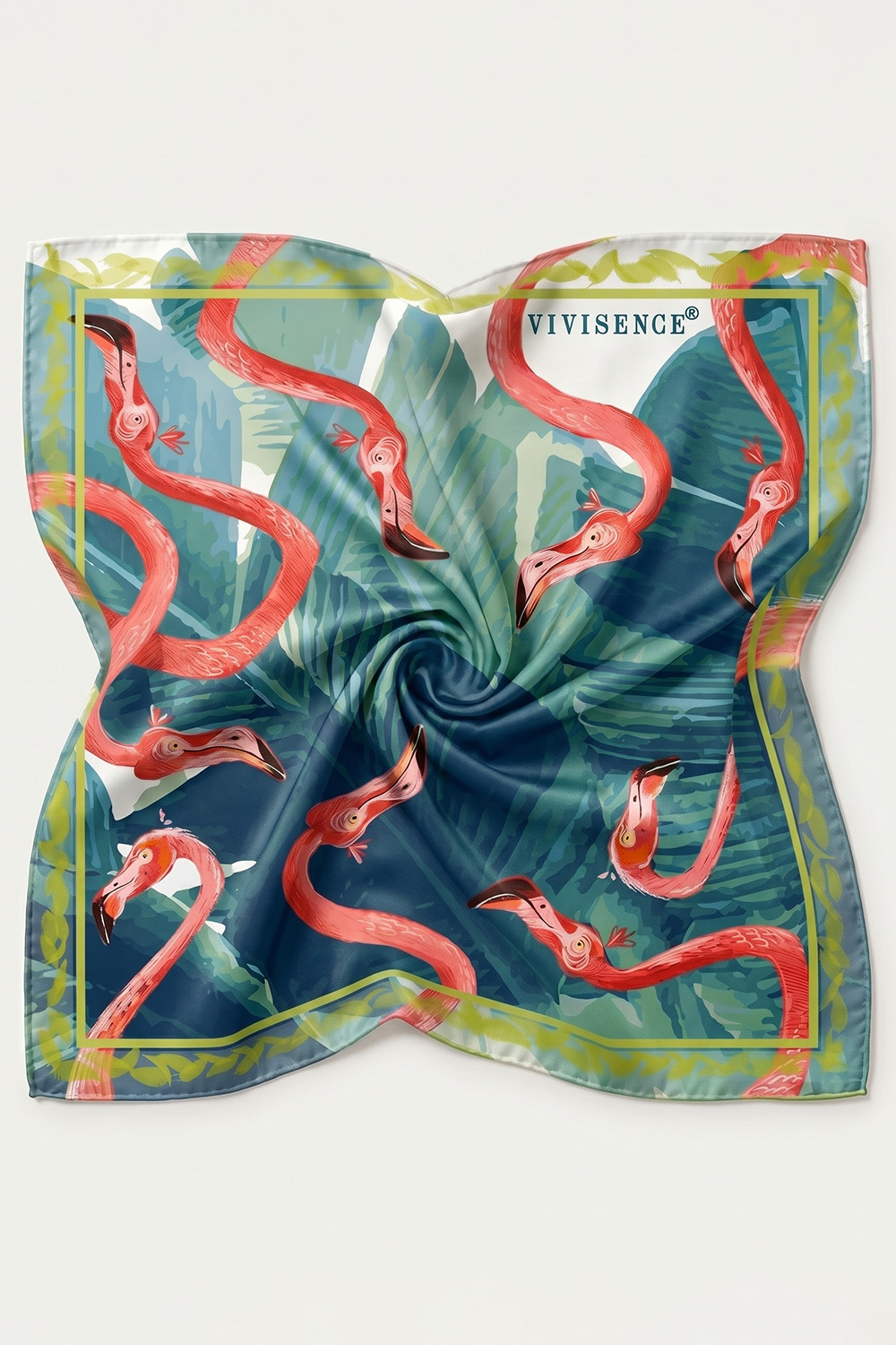 Vivisence Damen Seidentuch Flamingo Muster Handgerollte Kanten Vielseitig Stile, grün/rosa Flamingos