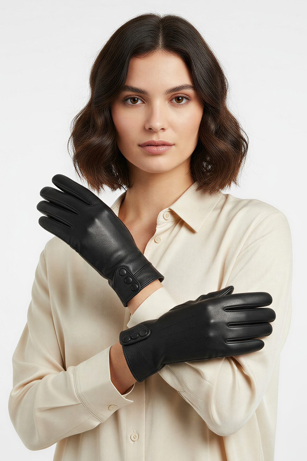 Vivisence Femme Gants En Cuir Hiver Doublure Laine Boutons Élégants Chaleur, noir
