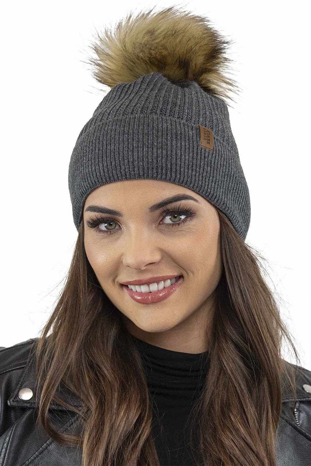 Vivisence Women's Winter Hat With Pom Pom Autumn Style Warm Yarn 7042, dark grey