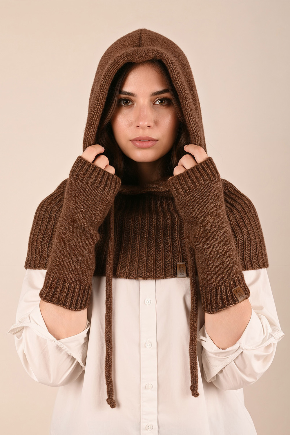 Vivisence Women Winter Hood And Gloves Set Merino Wool Knit Warm And Cozy, Brown