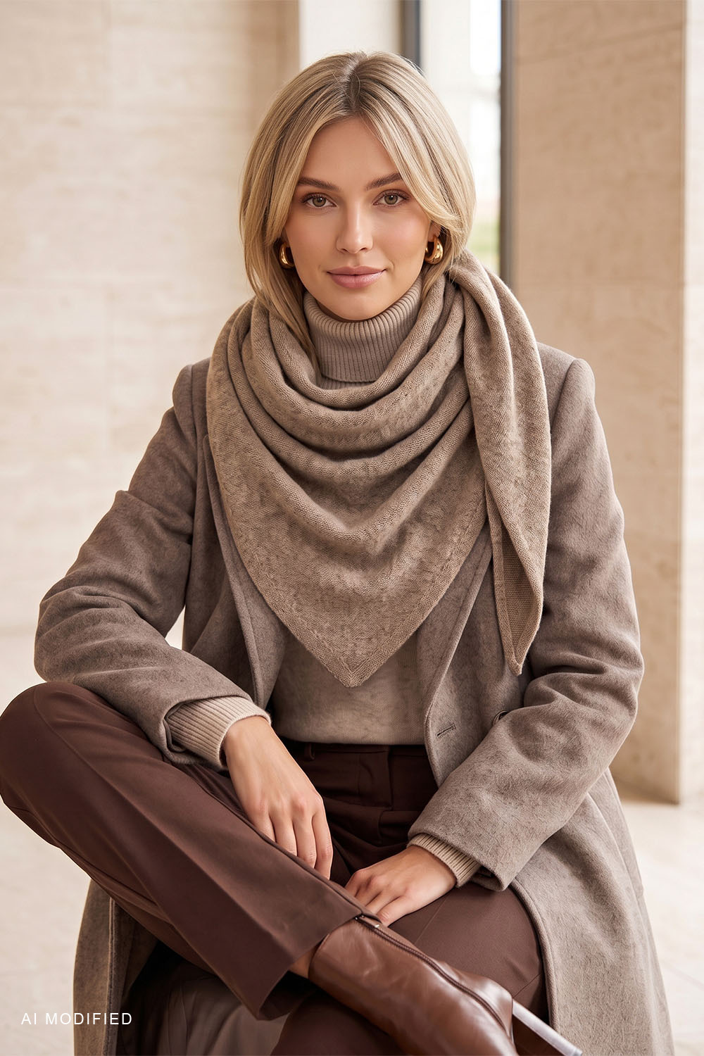 Vivisence Women's triangular knitted scarf easy to style, beige