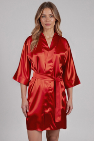 Vivisence Damen Satin Kimono Morgenmantel aus Polyester, eleganter V-Ausschnitt, 3/4 Arm, kurzer Bademantel für Damen als Nachtwäsche,