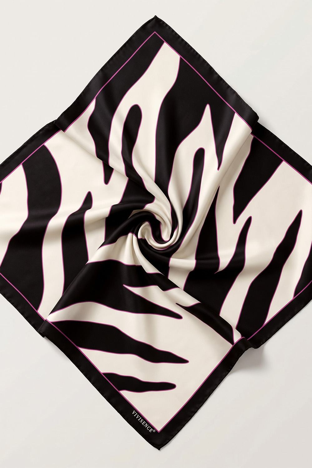 Vivisence Damen Seidentuch Quadratisch Handgerollte Kanten Sanft Zur Haut 65x65 cm, schwarz/weiß/zebra