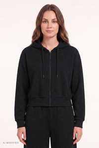 Vivisence Cropped Cotton Hoodie Zip Up Sweatshirt for Women, black