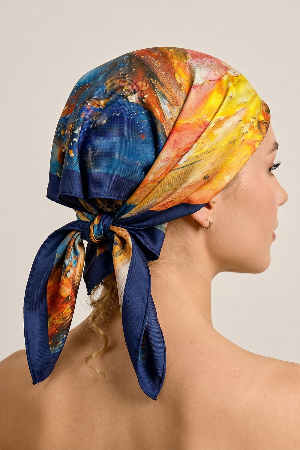 Vivisence Women Silk Square Scarf Hand Rolled Edges Soft On Skin Gentle Comfort, blue/orange