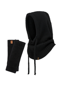 Vivisence Damen Kapuze Und Handstulpen Set Merino Baumwolle Warm für Wintertage, Schwarz