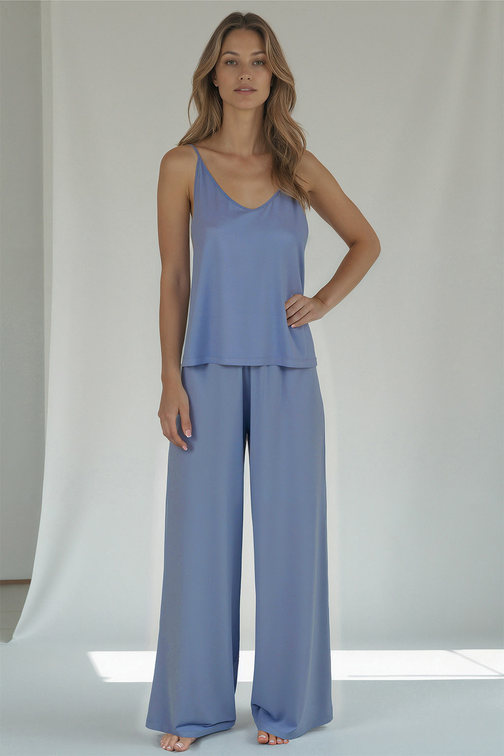 Vivisence Pyjama Set Femme Viscose Bretelles Fines Coupe Ample Confort Nuit 2046, azuré
