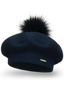 Vivisence Women Beret Wool Blend Faux Fur Pompom Elegant Warm Winter Hat 7035, dark blue