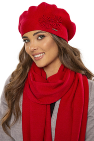 Vivisence Damen Baskenmütze Schal Set Wolle Blumenapplikation Warm Elegant 7007, rot